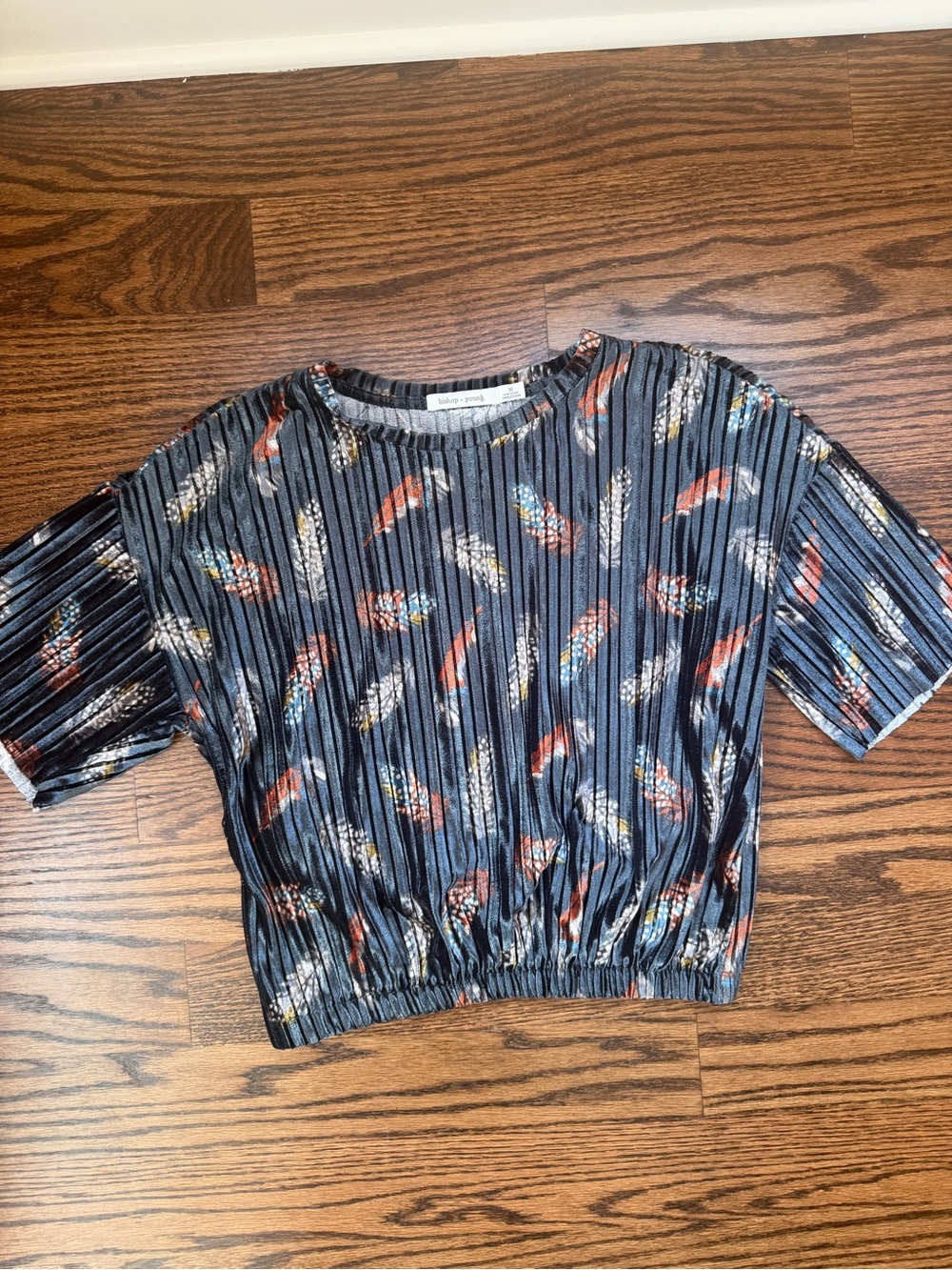 bishop + young Black Pleated Feather-Print Crop Top